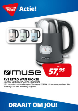Muse RVS RETRO waterkoker MS-020 VERKRIJGBAAR IN 4 KLEUREN